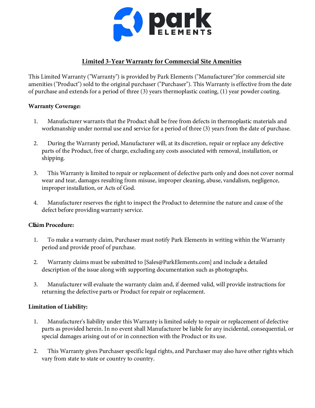 Parkelements Warranty